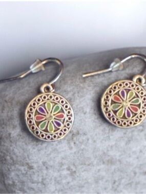 Silver -Tone Multicolor Floral Disc Drop Earrings